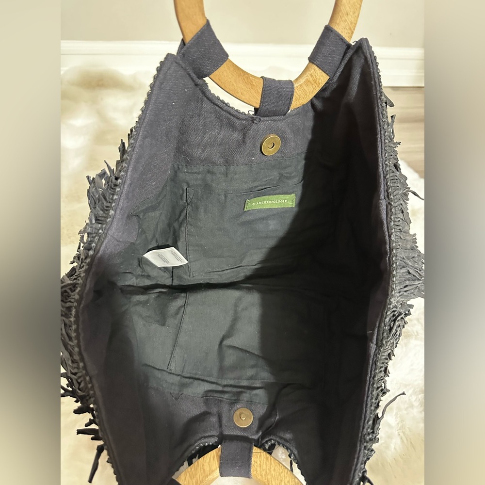 Anthropologie Black Fringe Tote Bag - Picture 3 of 7